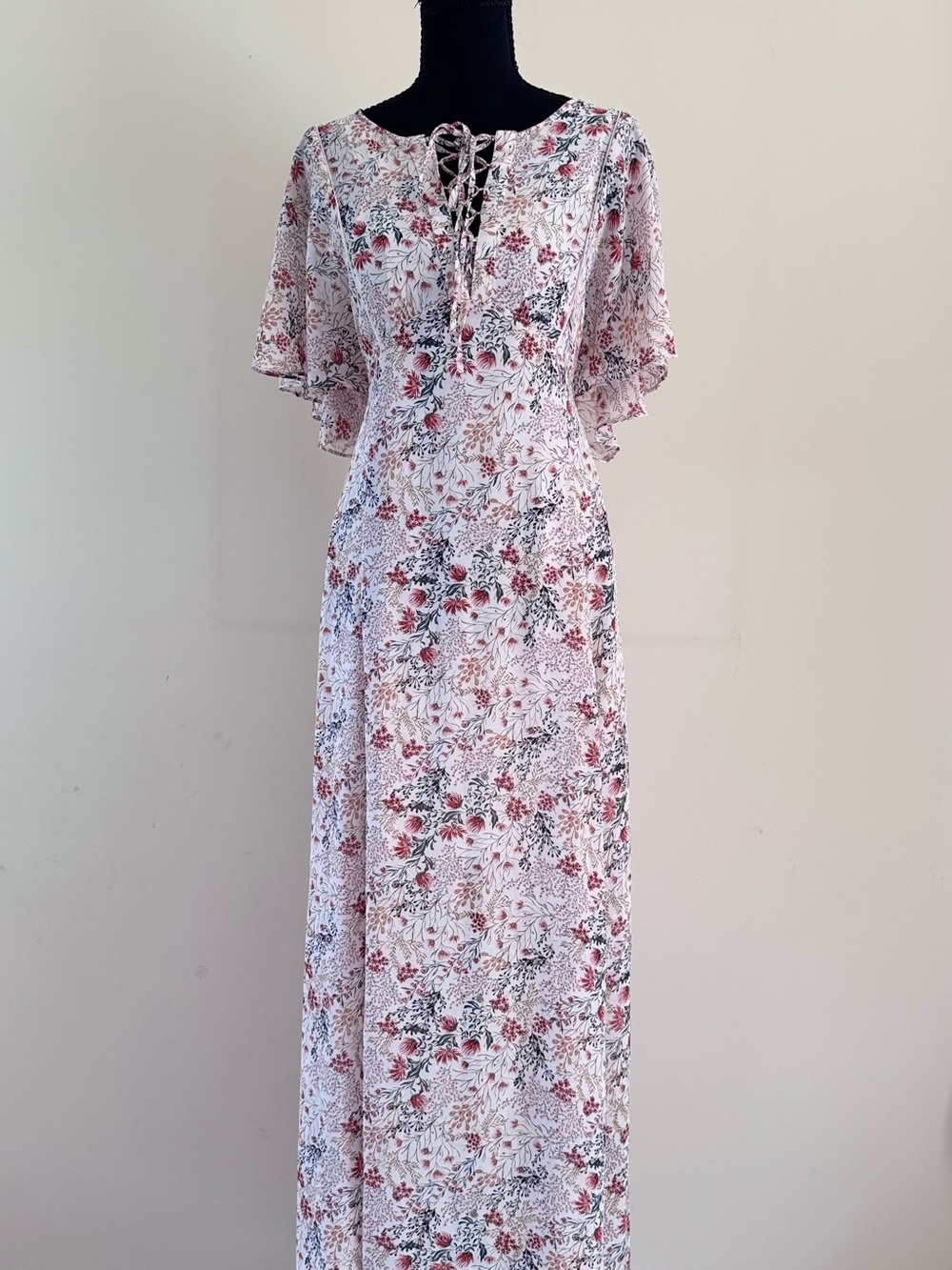 Forever 21 Contemporary White Maxi Dress with Pink and Green Floral Accents